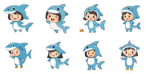 Multiple vector illustrations, girl wearing shark costume

