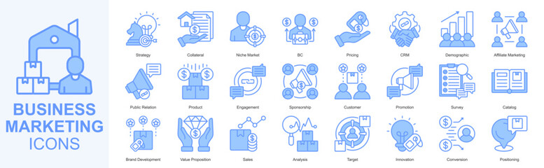 Business Marketing icon set vecvtor Blue Style strategy, collateral, niche market, b2c, pricing, crm, demographic, affiliate marketing, public relation, product, engagement, sponsorship