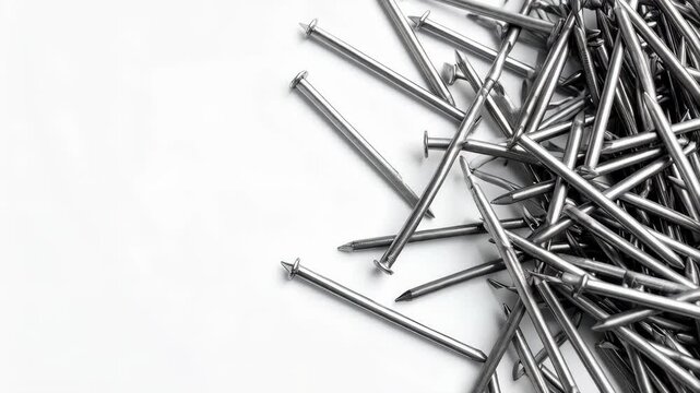 Close-up of shiny metal nails scattered across white surface, depicting building and construction materials ready to be used.