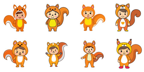Multiple vector illustrations, girl wearing squirrel costume

