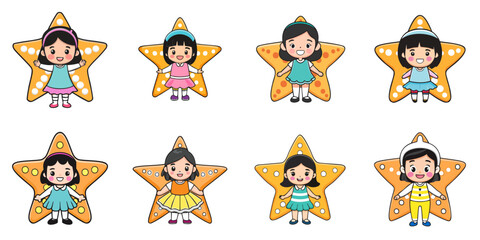 Multiple vector illustrations, girl wearing starfish costume

