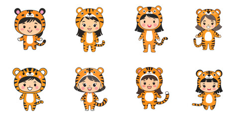 Obraz premium Multiple vector illustrations, girl wearing tiger costume