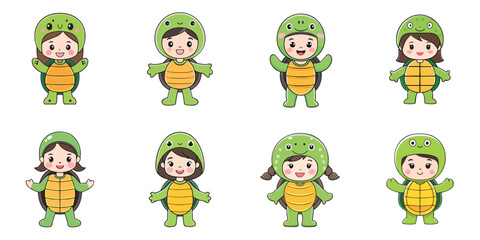 Multiple vector illustrations, girl wearing turtle costume

