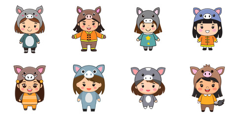 Multiple vector illustrations, girl wearing wild boar costume

