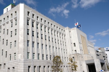 Fototapeta premium 日本、大阪市、大阪府庁舎本館、建造物、日本の国旗、日章旗、日の丸、国旗、大正、近畿、大阪府、青空