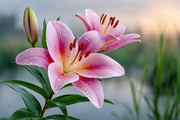 Pink lilies blooming in a garden with dewdrops