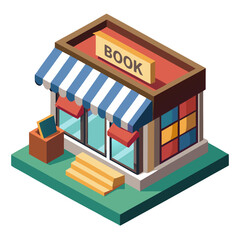 vector of a quaint isometric bookstore with open sign, shelves visible through windows, white background
