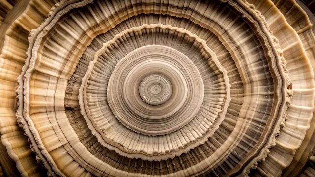 Circular pattern of layered beige and brown textured concentric forms forming a symmetrical abstract design with organic edges.