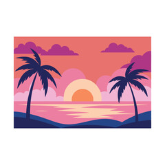 Fototapeta premium Tropical island beach vector illustration with palm trees, summer sun, and ocean sunset
