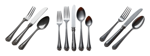 Silver cutlery set collection, isolated on transparent background