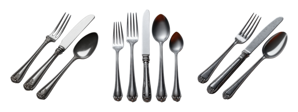 Silver cutlery set collection, isolated on transparent background