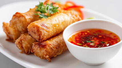 Dipping fried spring rolls into Thai sweet chili sauce