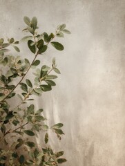 Serene Greenery:  Leaf Branch Against Textured Beige Background