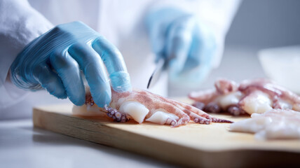 Obraz premium Gently placing raw squid on cutting board