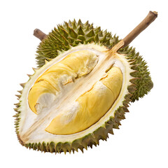 Obraz premium Fresh Durian Fruit Cut Open to Reveal Creamy Texture and Rich Yellow Flesh, Green Spiky Outer Shell