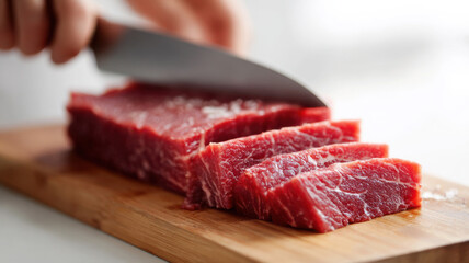 Fototapeta premium Gently slice placing raw beef on cutting board