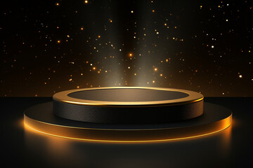 A round podium illuminated by spotlights on a dark background with golden particles, a pedestal or platform for an award ceremony in the middle of an empty space, vector illustration