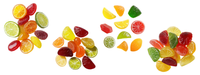 Assorted citrus fruit jelly candies, isolated on transparent background