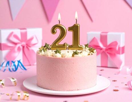 21st year birthday cake on isolated colorful pastel background