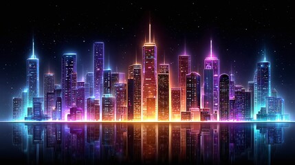 Vibrant cityscape night view urban skyline digital art futuristic environment aerial perspective
