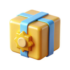 A cheerful yellow gift cube, secured with a blue ribbon and adorned with a sunlike gear, isolated on white background