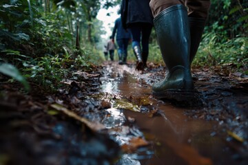 Group of hikers walking through muddy forest trail in rainy weather wearing waterproof boots. Outdoor adventure and nature trekking in wet conditions concept.