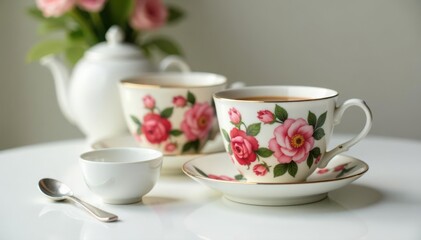 Fototapeta premium Two elegant teacups, floral tea cozy, sugar bowl, spoon on white table, top view, bowl