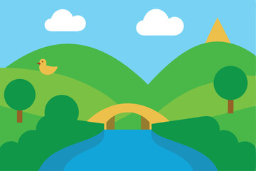 Fototapeta premium Vector summer landscape with green trees, hills, and a blue sky with clouds