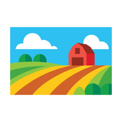 Fototapeta premium Vector illustration of a country farm landscape with a house, trees, and sky