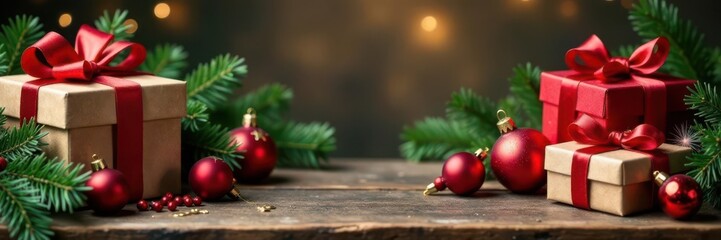 Obraz premium Variety of gift boxes, ornaments & greenery arranged on a rustic wooden table Christmas backdrop , flatlay, ribbon, vintage