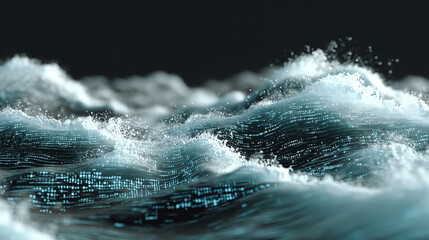 Abstract gradient particle waves seamlessly flowing with soft purple light and bokeh. Orange and blue digital waves. Technology, engineering, science, and artificial intelligence background