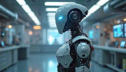 Futuristic robot in industrial complex.