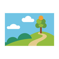 Fototapeta premium Vibrant cartoon landscape illustration with a lone tree on a hill under a summer sky and green meadow