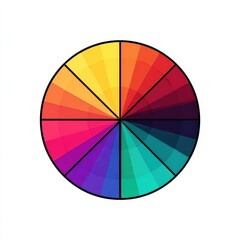 Obraz premium A vibrant circular color wheel divided into twelve segments, each showcasing a distinct hue radiating from the center, outlined in black
