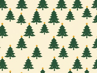 Repeating pattern of dark green Christmas trees with yellow stars, festive holiday background, minimalist design, seamless vector illustration, winter celebration
