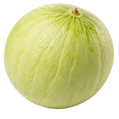 Fresh, green honeydew melon with smooth skin, photographed on a clean, white background.