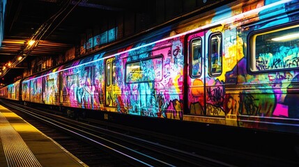 Fototapeta premium Vibrant graffiti-covered train at night.