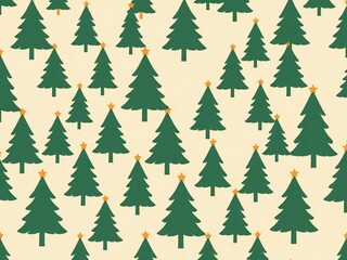 Repeating pattern of dark green Christmas trees with yellow stars, festive holiday background, minimalist design, seamless vector illustration, winter celebration