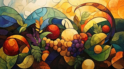 Colorful fruit and foliage composition