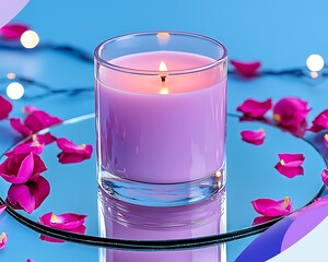 Pink candle on a mirrored surface with rose petals and glowing lights, creating a romantic and calming atmosphere ideal for spa, relaxation, or Valentine's themes.
