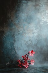 Moody Teal Background with Delicate Pink Flowers