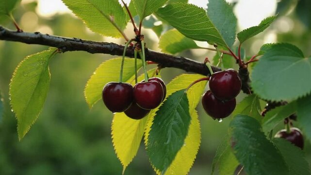 Ripe Dark Cherries on a Tree Branch Surrounded by Lush Green Leaves