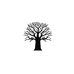 A silhouette of a large, ancient tree with carvings on white background