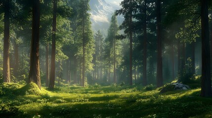 Broad landscape of a Swiss pine forest with mist and morning light
