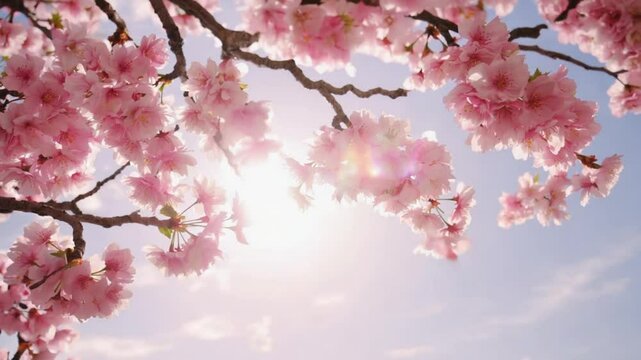 Cherry Blossom Branch in Full Bloom with Soft Pink Petals Under a Clear Spring Sky
