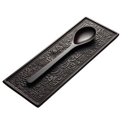A black wooden spoon, lying on the edge of an ancient square table with carved patterns inlaid in dark wood and rectangular shapes.