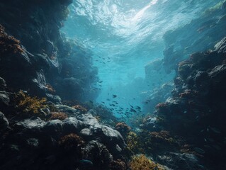Fototapeta premium Sunlit underwater chasm with dark rocky walls, vibrant coral, and a school of fish swimming towards the surface