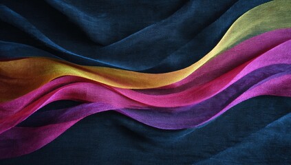 Colorful, translucent fabric waves flow across a dark background, creating a vibrant, abstract design