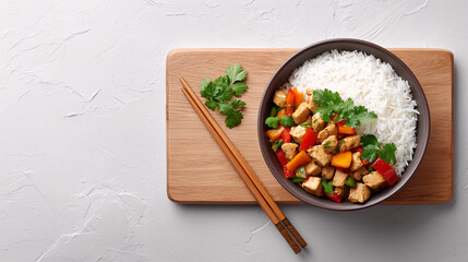Savory Delights: A top-down view captures a mouthwatering culinary creation: a bowl brimming with fluffy rice alongside a colorful medley of tofu and vegetables.