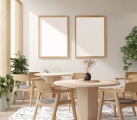 Minimalist cafe interior with light wood tables, chairs, and two blank framed posters, potted plants, and a rug
